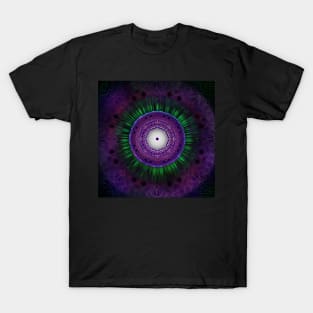 Cosmic Circle - Purple Green Futuristic Digital Mandala Design T-Shirt